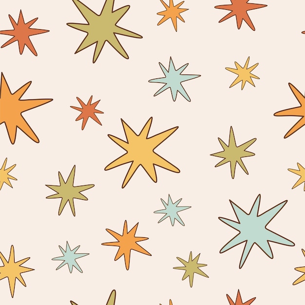 Вектор Бесшовный узор ретро 70-х годов хиппи психоделический элемент канавки фон с абстрактной звездой в винтажном стиле иллюстрация с положительными символами для обоев ткани текстиль вектор