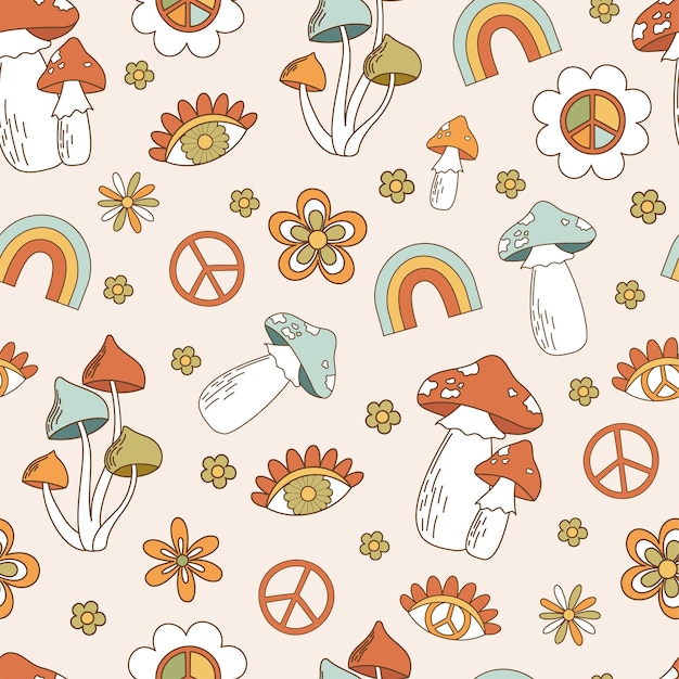 Modello senza cuciture retrò anni '70 hippie elementi scanalati psichedelici sfondo con arcobaleno di fiori di funghi in stile vintage illustrazione con simboli positivi per tessuti in tessuto di carta da parati vettore
