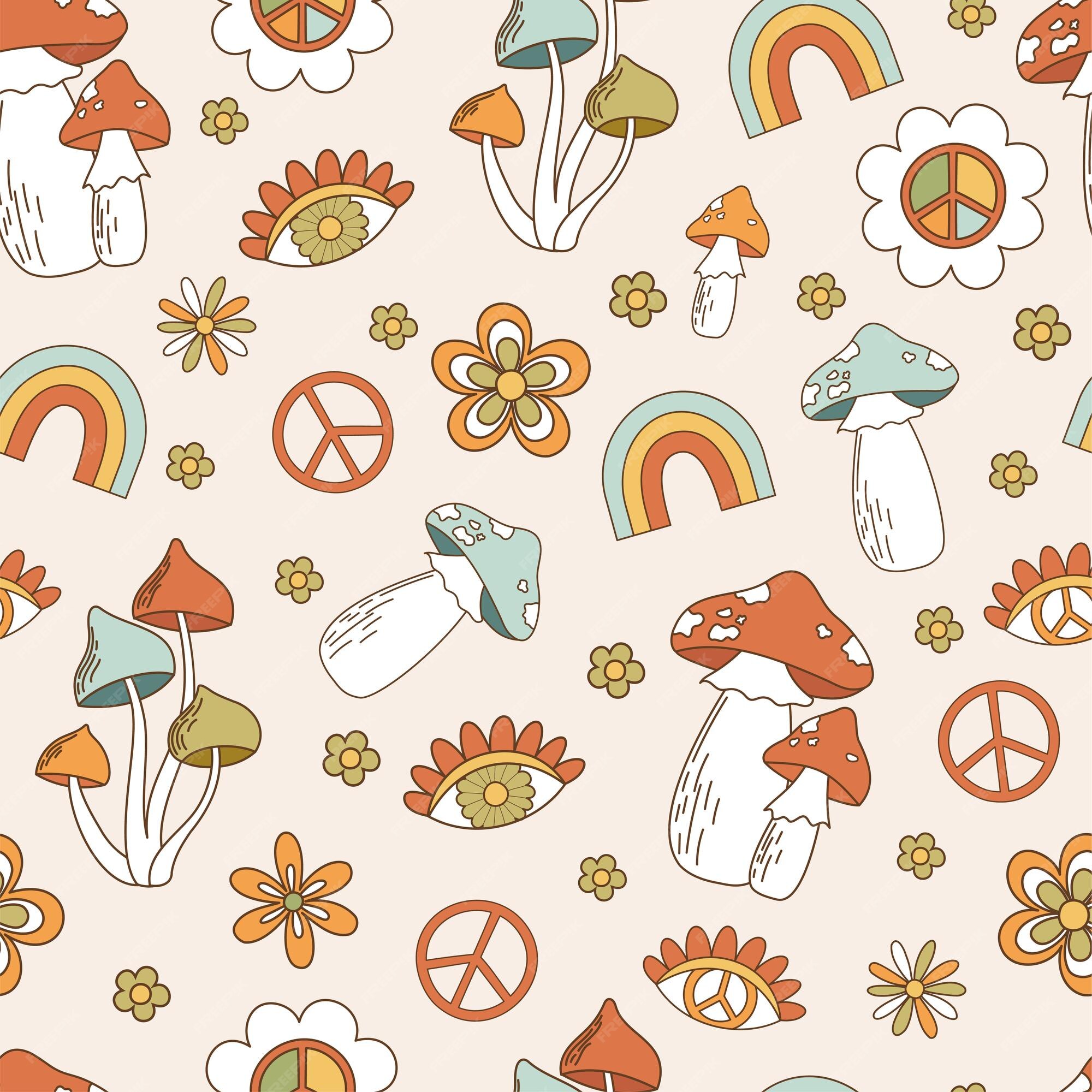 Premium Vector | Seamless pattern retro 70s hippie psychedelic groove elements background with mushroom flower rainbow in vintage style illustration with positive symbols for wallpaper fabric textiles vector Premium Vector | Seamless pattern retro 70s hippie psychedelic groove elements background with mushroom flower rainbow in vintage style illustration with positive symbols for wallpaper fabric textiles vector