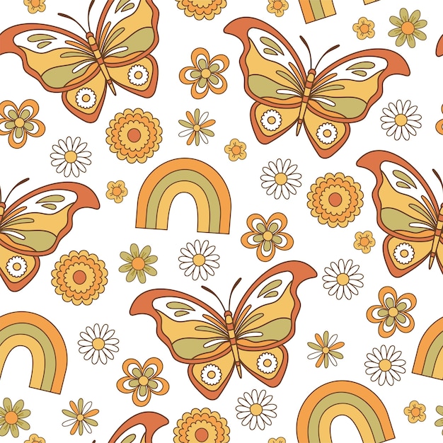 Бесшовный узор ретро 70-х хиппи Психоделические элементы канавки Фон с радугой и бабочкой в винтажном стиле Иллюстрация с положительными символами для обоев ткани Текстиль Вектор