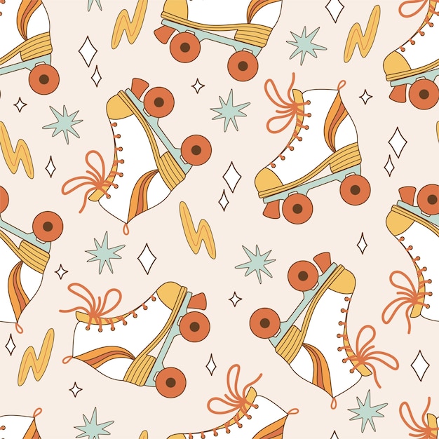 Seamless pattern retro 70s hippie Psychedelic groove elements Background with roller skates in vintage style Illustration with positive symbols for wallpaper fabric textiles Vector