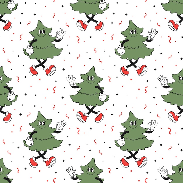 Vector seamless pattern retro hippie character of a merry christmas tree christmas print background