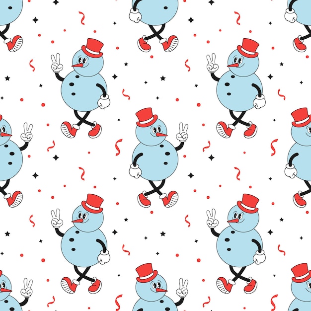 Вектор Бесшовный узор ретро хиппи персонаж веселого снеговика рождественский фон для печати