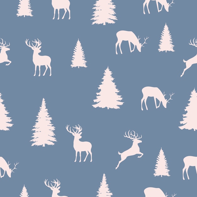 Seamless pattern in retro style with Christmas trees and deers on a dark blue background