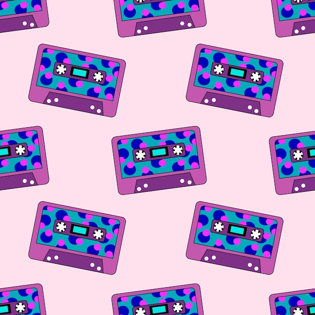 Seamless Pattern Retro vintage audio music cassette with magnetic tape 90s 80s 70s style