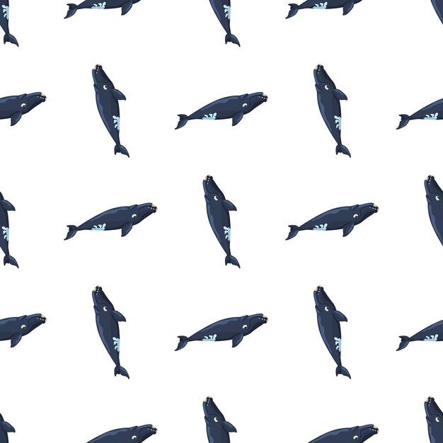 Seamless pattern right whale on white background. Template of cartoon character of ocean for fabric.Repeated geometric upright texture with marine cetacean.Design for any purposes.Vector illustration