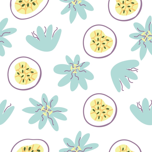 Seamless pattern of ripe passion fruit. Cartoon print with flowers on a white isolated background. Exotic fruit. Hand-drawn organic food products. Tropical treats. The concept of healthy eating.