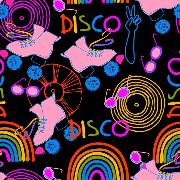 Seamless pattern Roller skate party concept Early 1980s style design