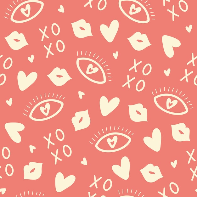 Seamless pattern of romantic elements for Valentine's Day isolated on a red background.