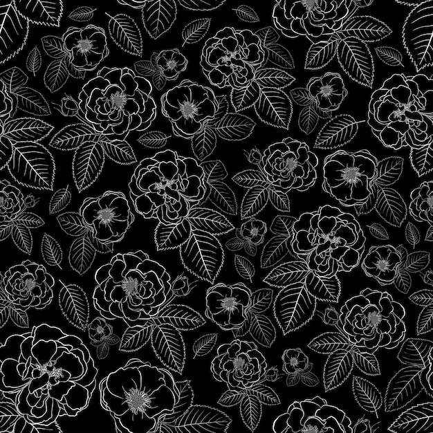 Seamless pattern of roses with leafs white on black