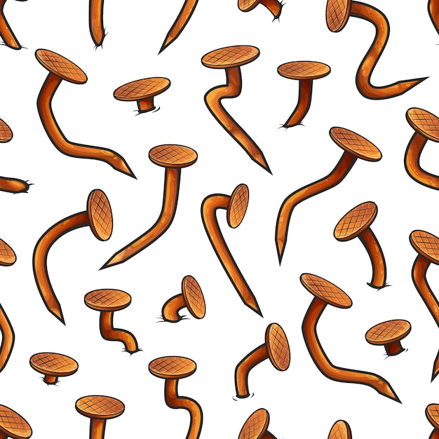 Seamless pattern of rusty metal bent nails and heads, vector background. Cartoon crooked nails and hobnails bent by hammer, old pins or spikes pattern with broken curved edges and rust