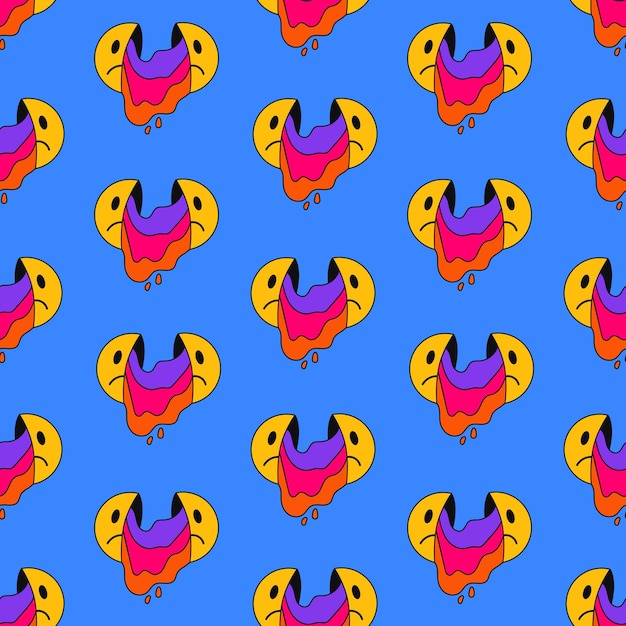 Seamless pattern sad smile on a blue background. vector illustration in 80s-90s trendy style.