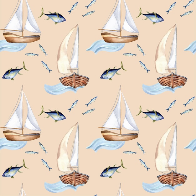 Seamless pattern of sailing ship vintage style watercolor illustration isolated on pink Sailboat