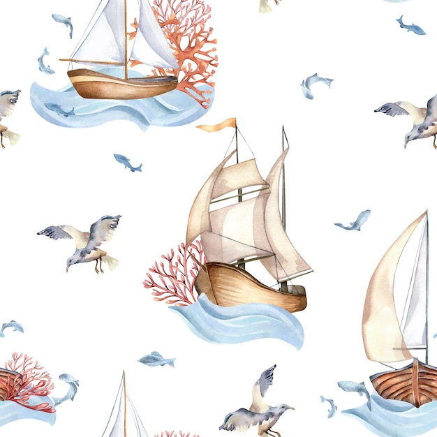 Seamless pattern of sailing ship vintage style watercolor illustration isolated on white Sailboat