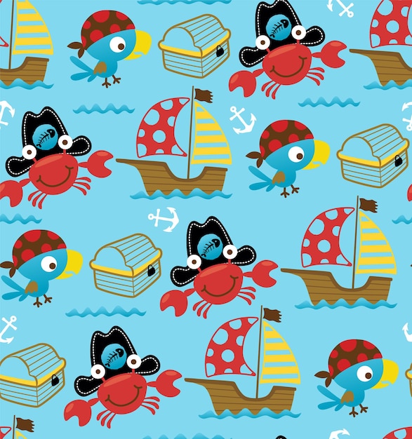 Seamless pattern di cartone animato a tema di vela con divertenti pirati, uccelli e granchi.