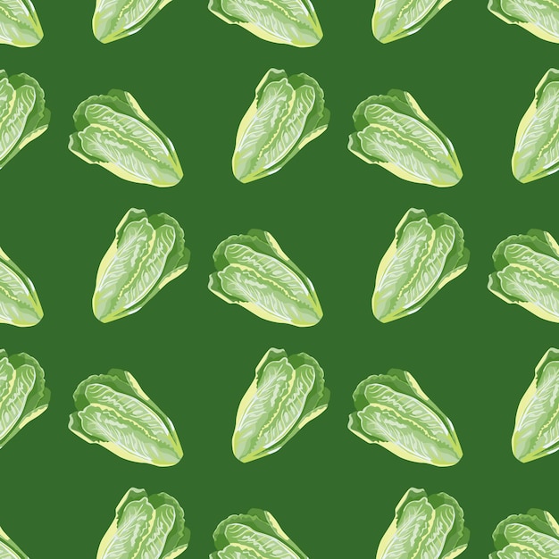 Vector seamless pattern salad romano on green background. abstract ornament with lettuce.