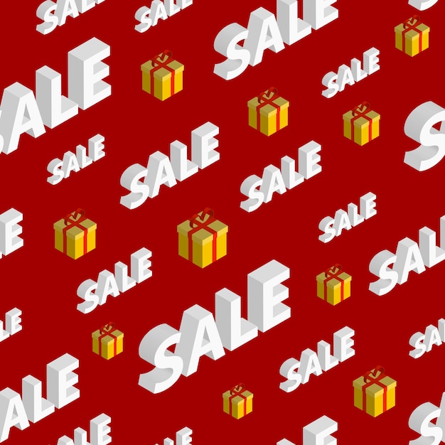 Seamless pattern on sales and discounts with isometric inscriptions and gift boxes on red background