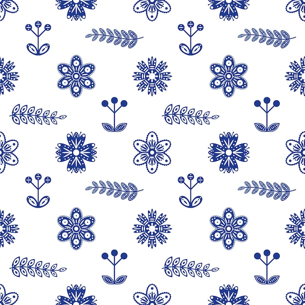 Seamless pattern in scandinavian style with blue flowers and branches Vector illustration