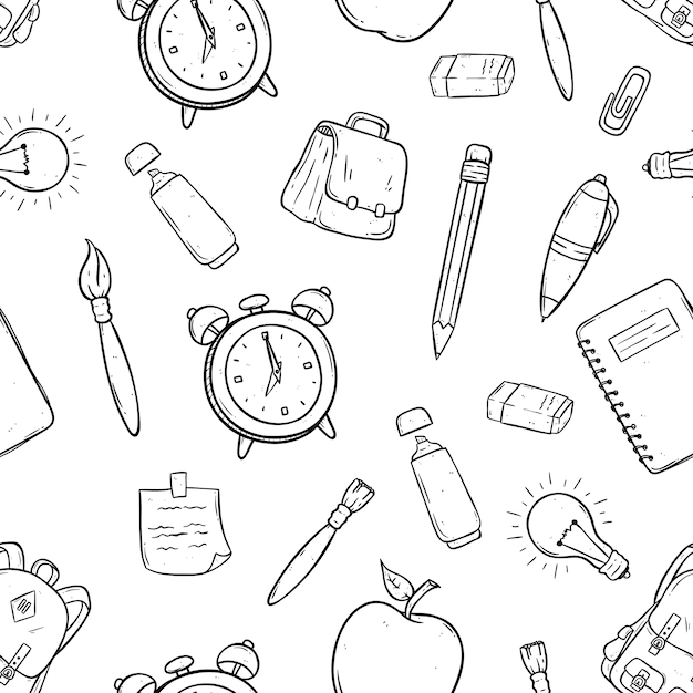 seamless pattern of school items or icons using hand drawn or doodle art