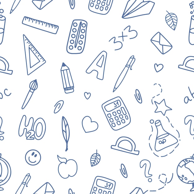 Seamless pattern of school supplies on a white background Back to school Vector doodle illustration