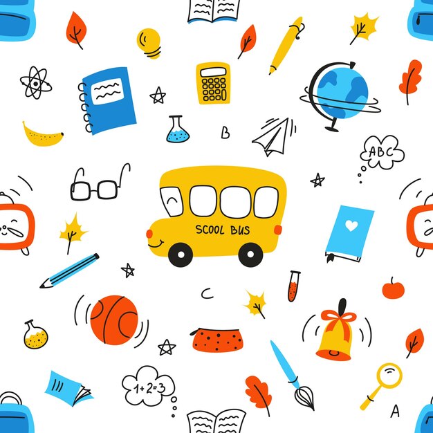 Seamless pattern on school theme set of school tools set of education icons back to school