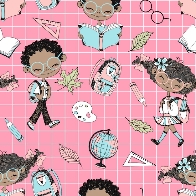Seamless pattern on the school theme with school children and school accessories. back to school. checkered background.