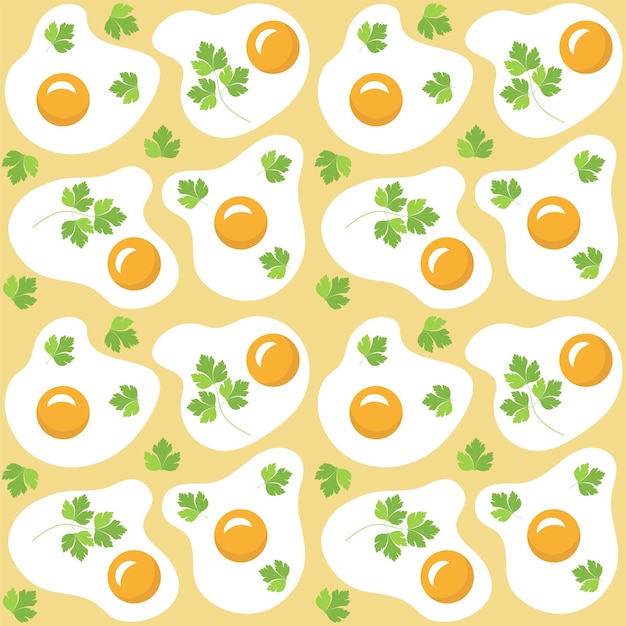 Vector seamless pattern scrambled eggs with parsley delicious pattern with a cheerful yellow background