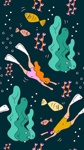 Seamless pattern scuba diving in the ocean with black background Seamless wallpaper Flat vector illustration