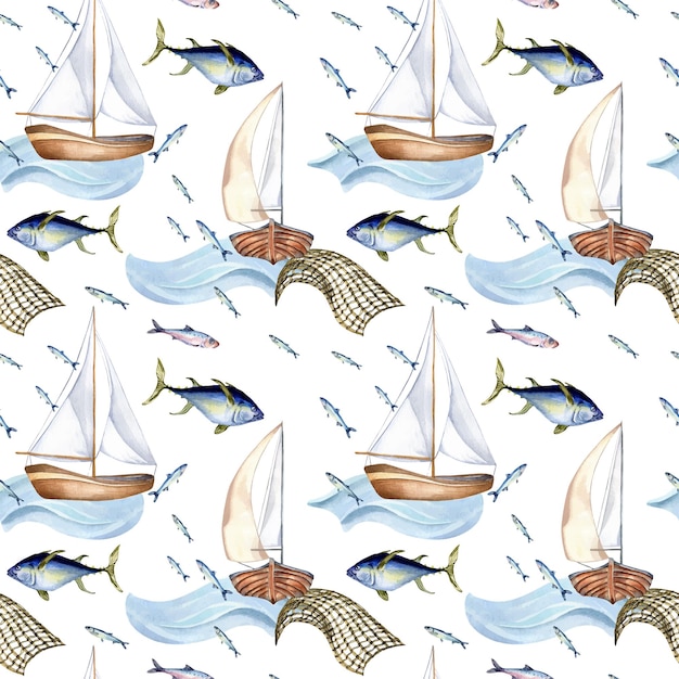 Modello senza cuciture di pesce di mare e illustrazione dell'acquerello della barca a vela isolata su bianco barca da pesca