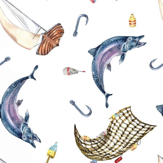 Бесшовный рисунок морской рыбы и парусной лодки акварельной иллюстрации, выделенной на белом лососе