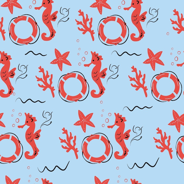 Seamless pattern seahorse ,coral,starfish under the sea.Vector illustration