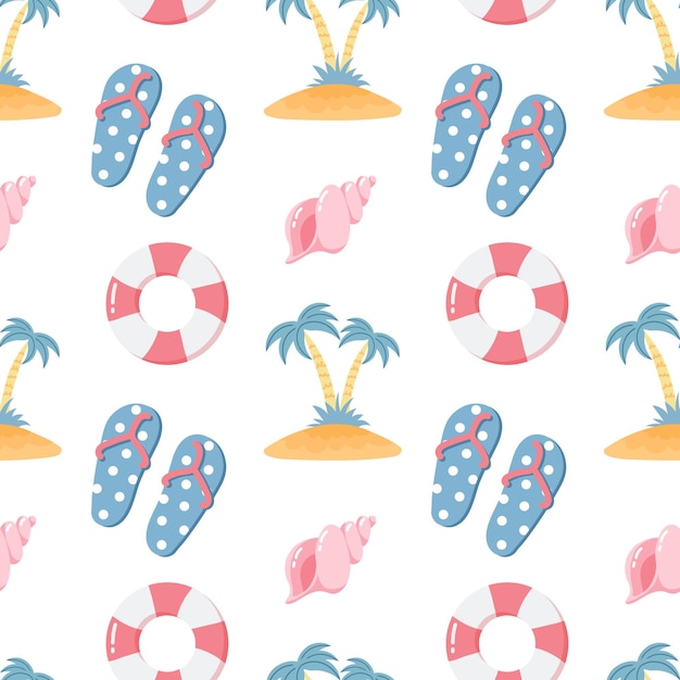 Seamless pattern, seashells, flip flops, palm trees and rubber rings on a white background. Print