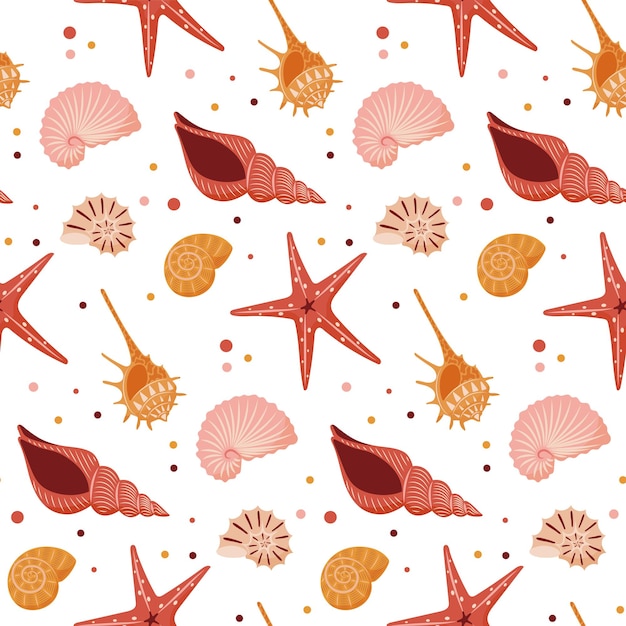 Seamless pattern of seashells starfish pebbles Wrapping paper background backdrop
