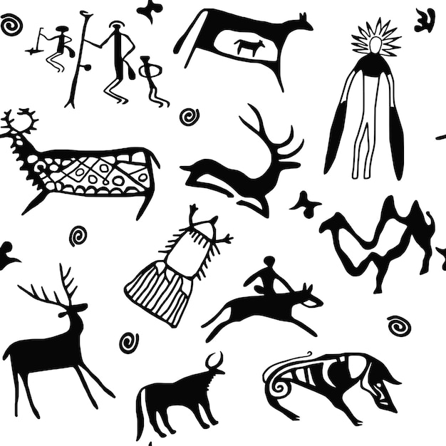 Vector seamless pattern a series of petroglyphs cave drawings vector design