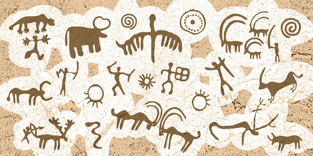 Vector seamless pattern a series of petroglyphs cave drawings vector design