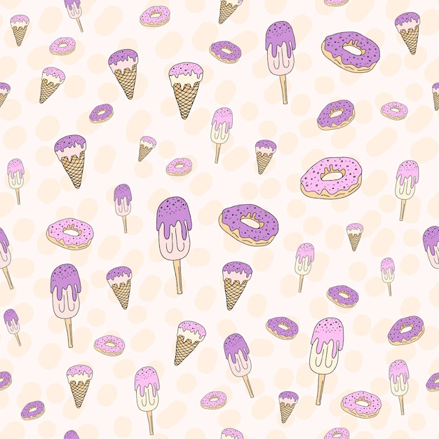 원활한 패턴 세트 만화 손으로 그린 과자 도넛과 아이스크림 섬세한 파스텔 핑크 베이지 라일락 색상 패턴 포장 포장 배너 직물 직물 인쇄