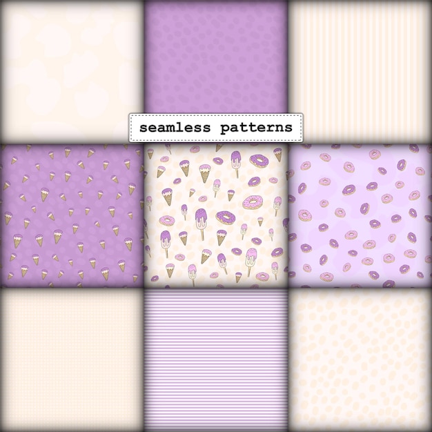Seamless pattern set cartoon handdrawn sweets donuts and ice cream delicate pastel pink beige lilac colors patterns for printing packaging wrapping banners textiles fabrics