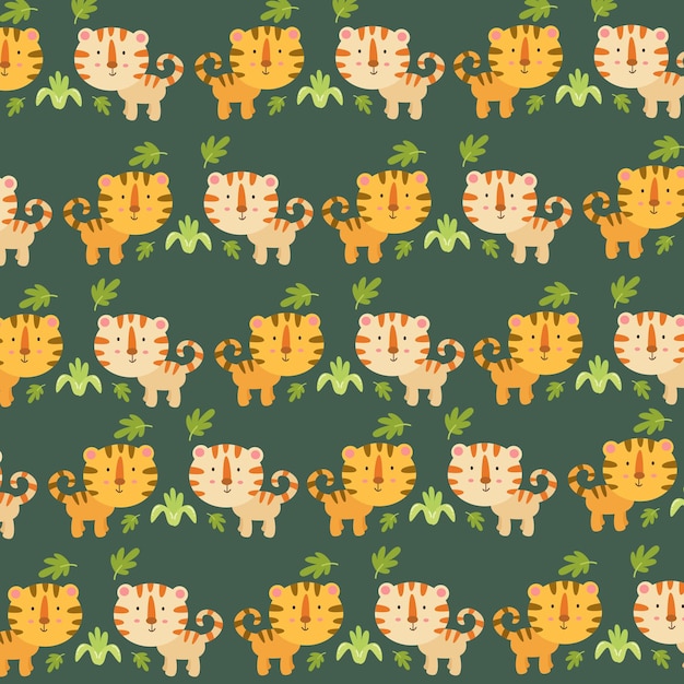 Seamless pattern set cute cat green background yellow vector flat design