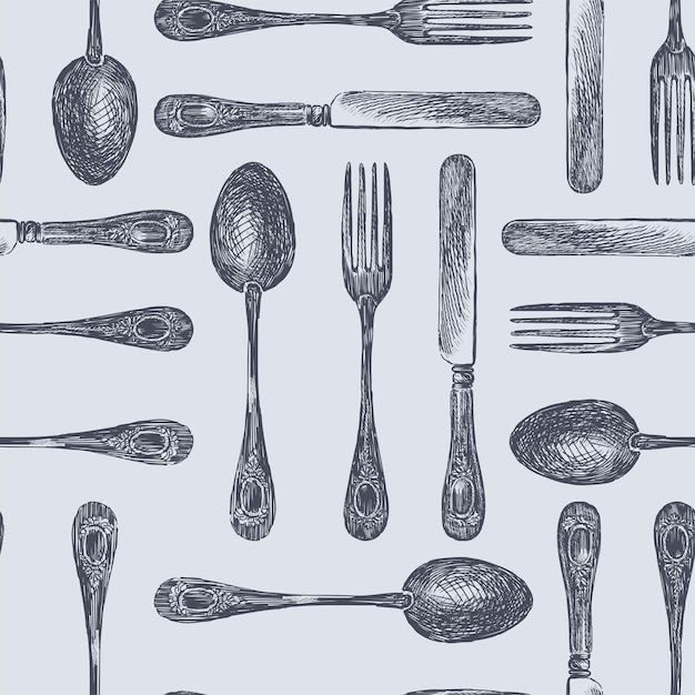 Seamless pattern of set drawn vintage cutlery