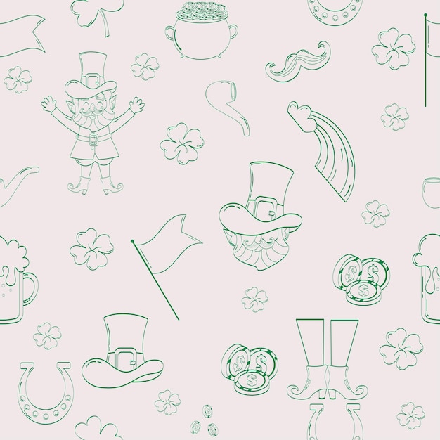 Seamless pattern set outline green for st patrick's day