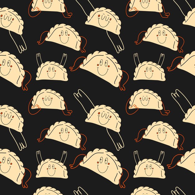 Seamless pattern Set of Various black and white of dumplings, dim sum with face emotions