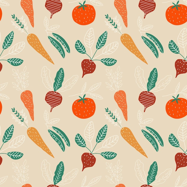 Seamless pattern. Set of vegetables. Vector in cartoon style.