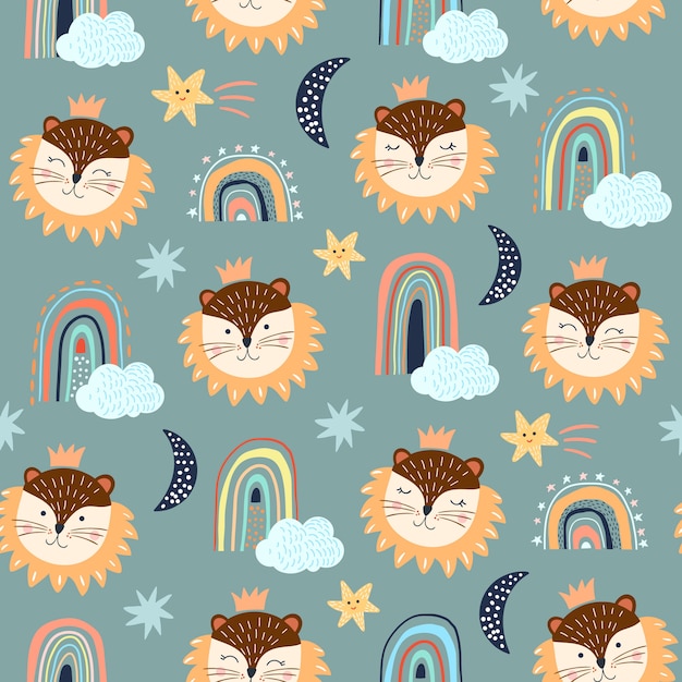 Seamless pattern set with childish, different elements, lion, rainbows and clouds, white backgrounds