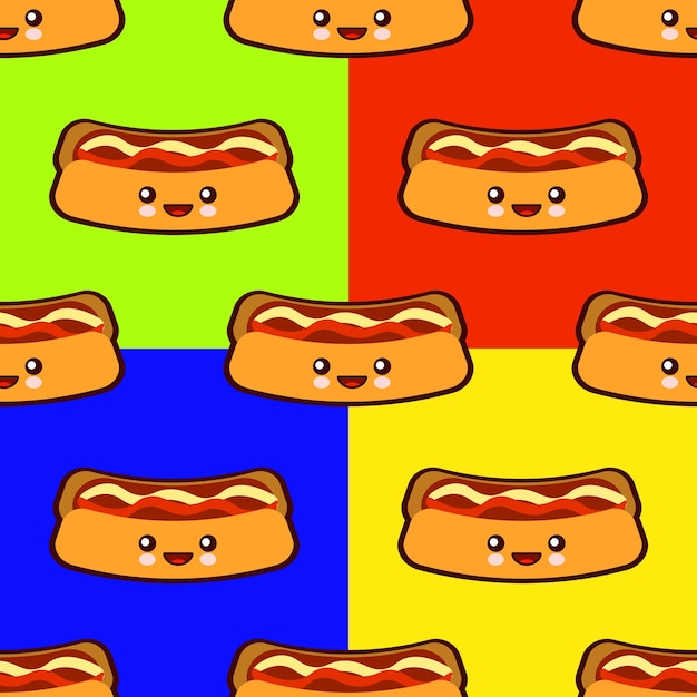 Set di modelli senza cuciture con personaggi kawaii simpatici hot dog fast food su sfondi colorati illustrazione vettoriale dal design piatto