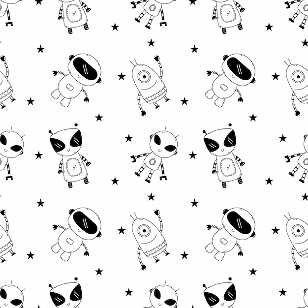 Seamless pattern for sewing children clothes Cute robot in doodle style Coloring book Endless wallpaper in nursery Background for printing on fabric and wrapping paper