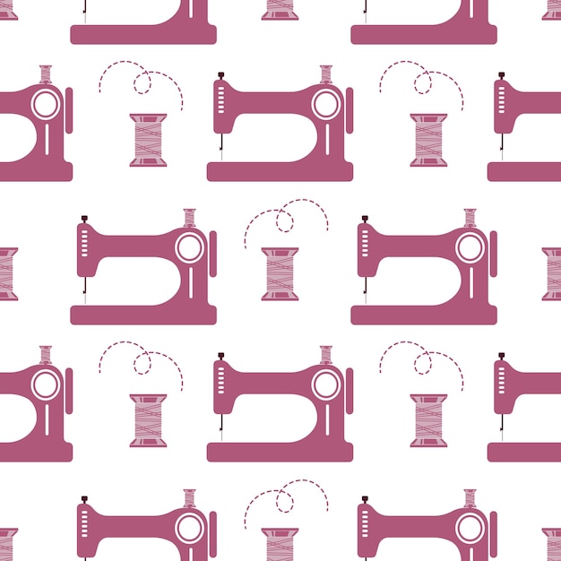 Vector seamless pattern, sewing machines and spools of threads on a white background. print, textile