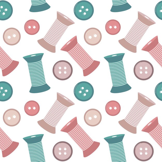 Vector seamless pattern on a sewing theme spools of thread buttons on a white background print textile