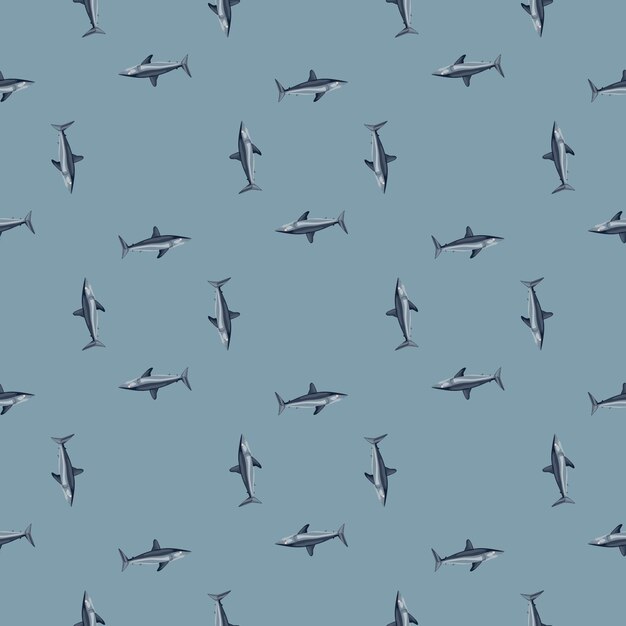 Seamless pattern shark Mako on pastel blue background. Animal templates for fabric design. Great for textile print, wrapping, cover. Vector illustration.