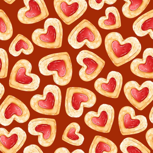 Seamless pattern of shortbread cookies in the form of hearts with jam