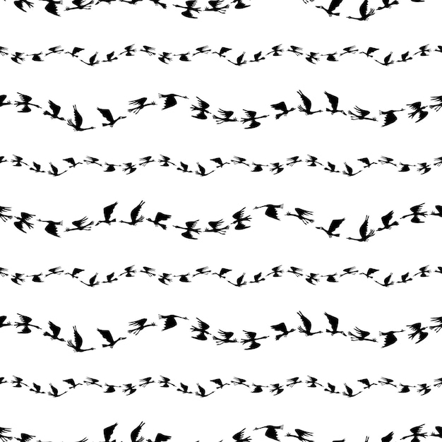 Vector seamless pattern of silhouettes flocks flying geese in rows
